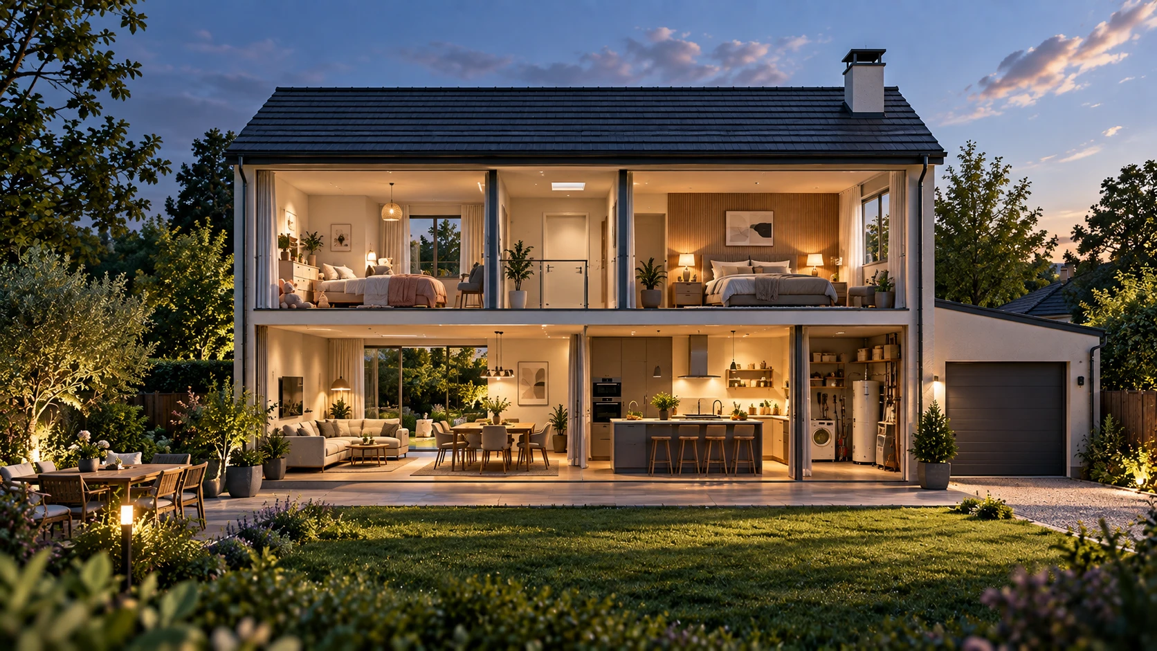Maison contemporaine en coupe : pièces de vie, garage et jardin