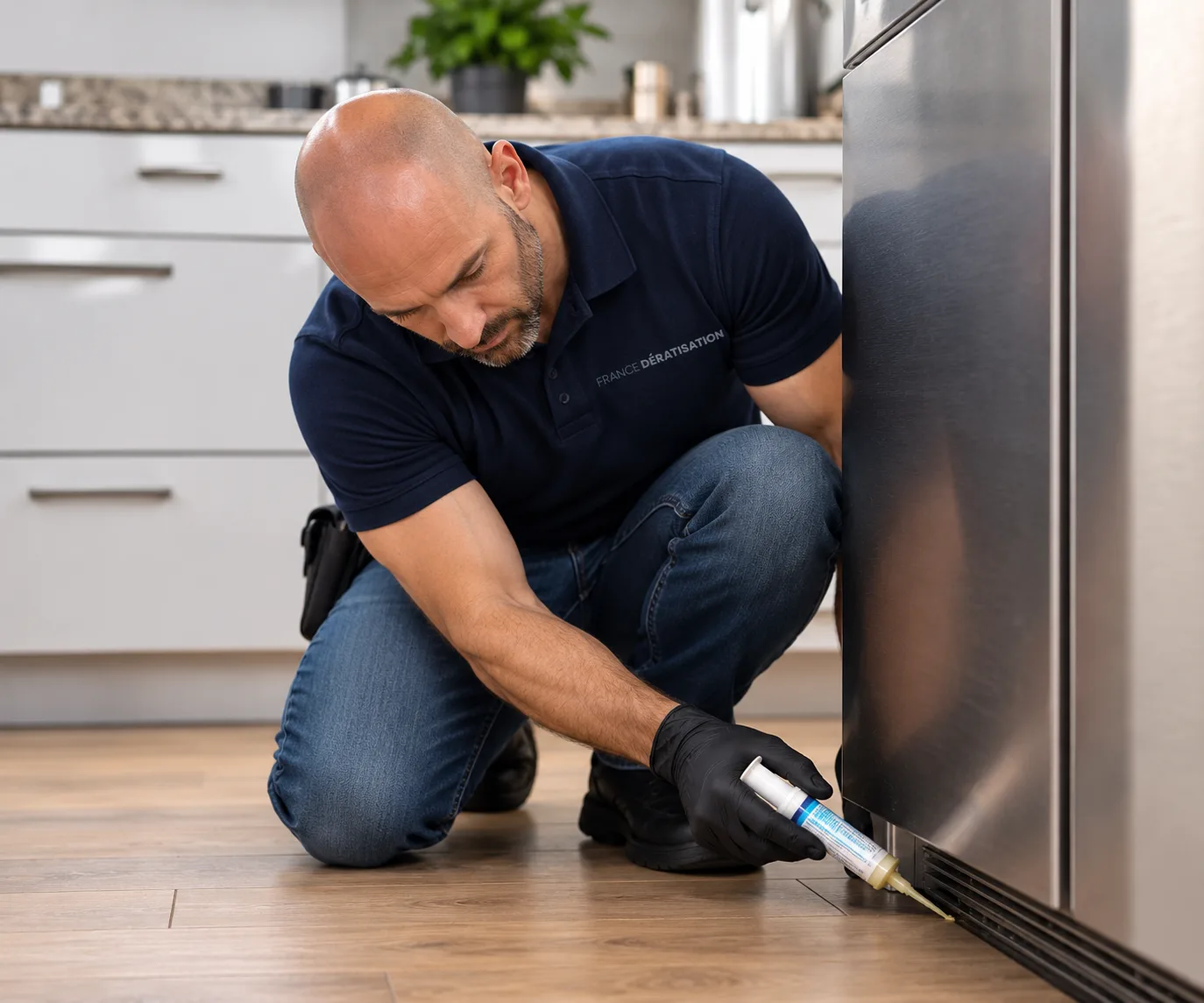 Technicien appliquant un gel sous un appareil de cuisine