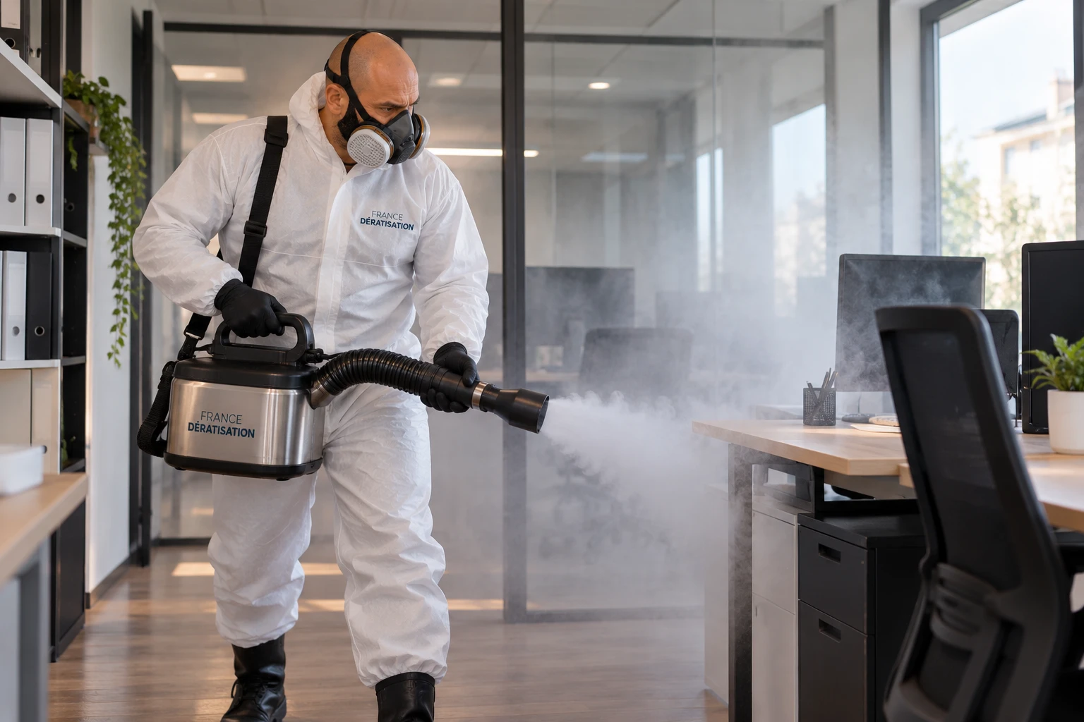 Technicien en combinaison désinfectant des bureaux par nébulisation