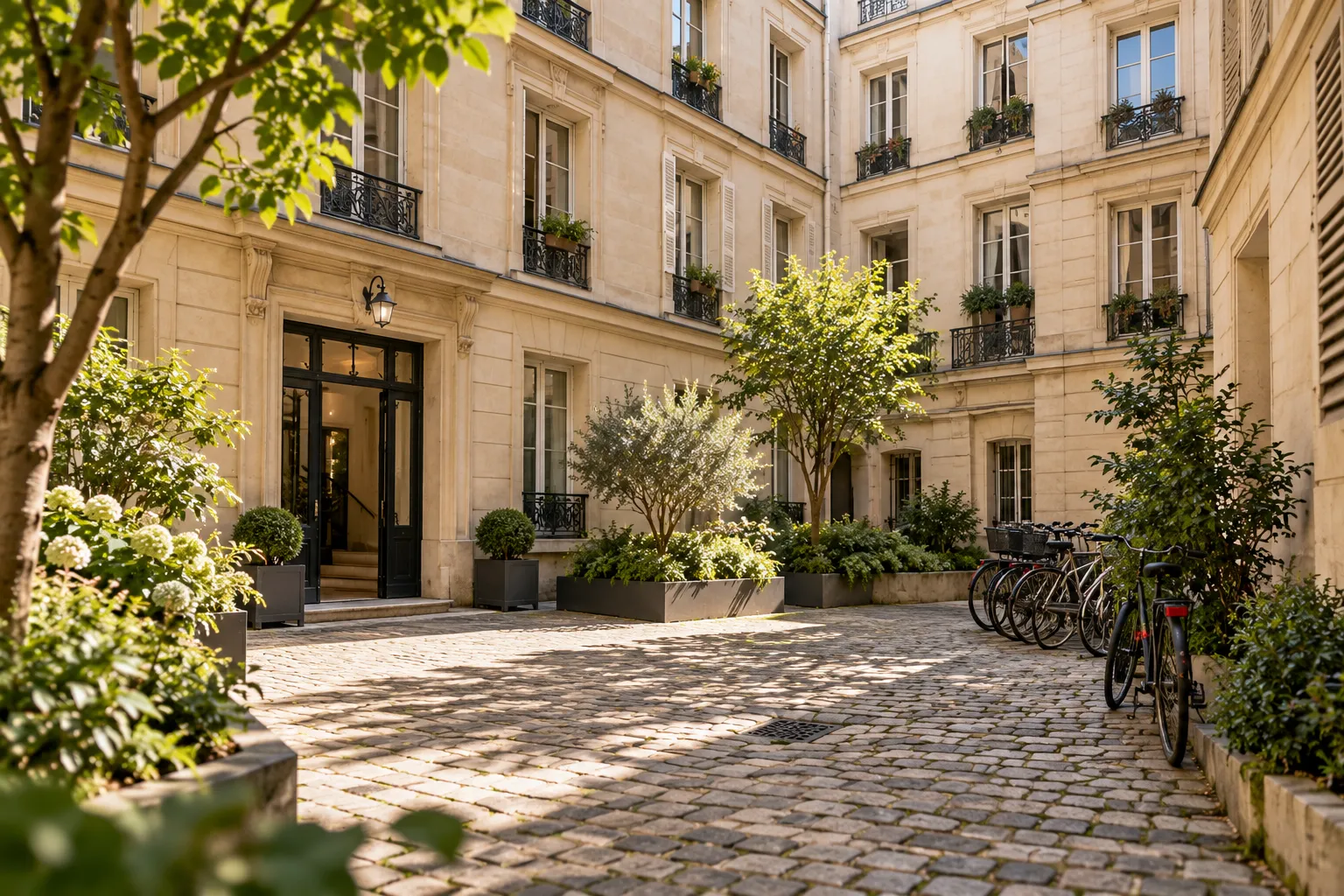 Cour intérieure pavée d’un immeuble avec jardinières