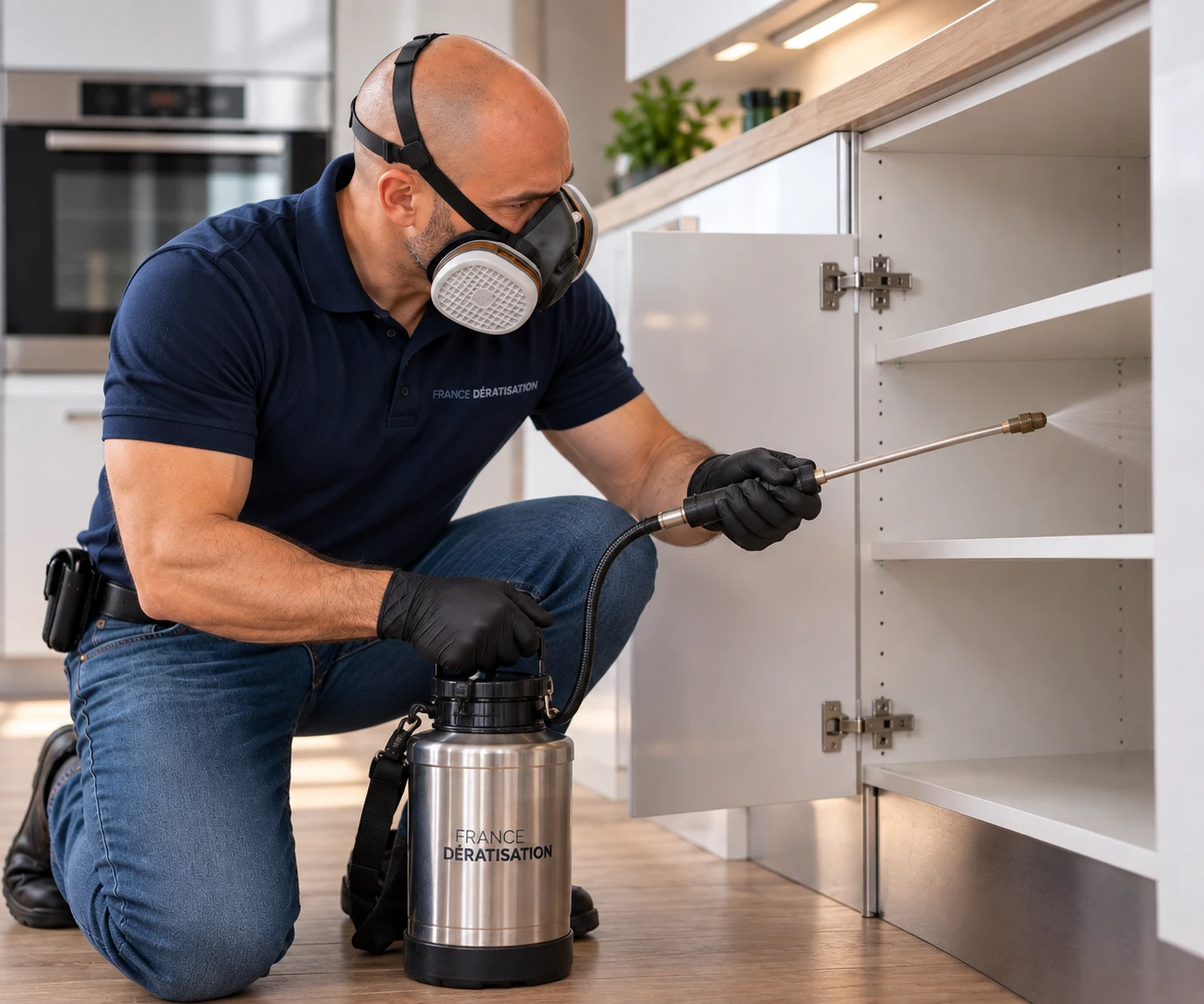 Technicien traitant l'intérieur des placards d'une cuisine