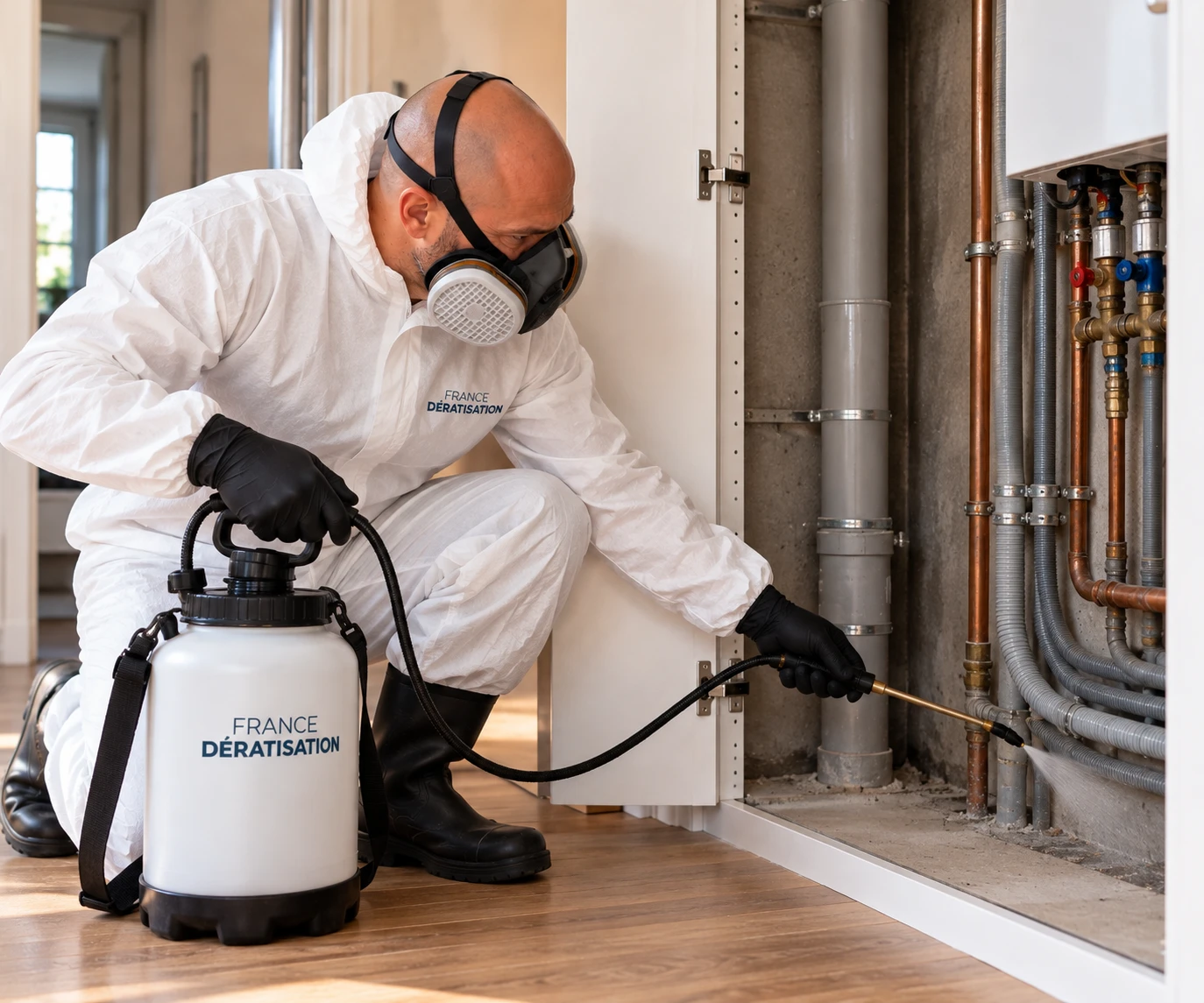 Technicien traitant le long des canalisations sous un meuble