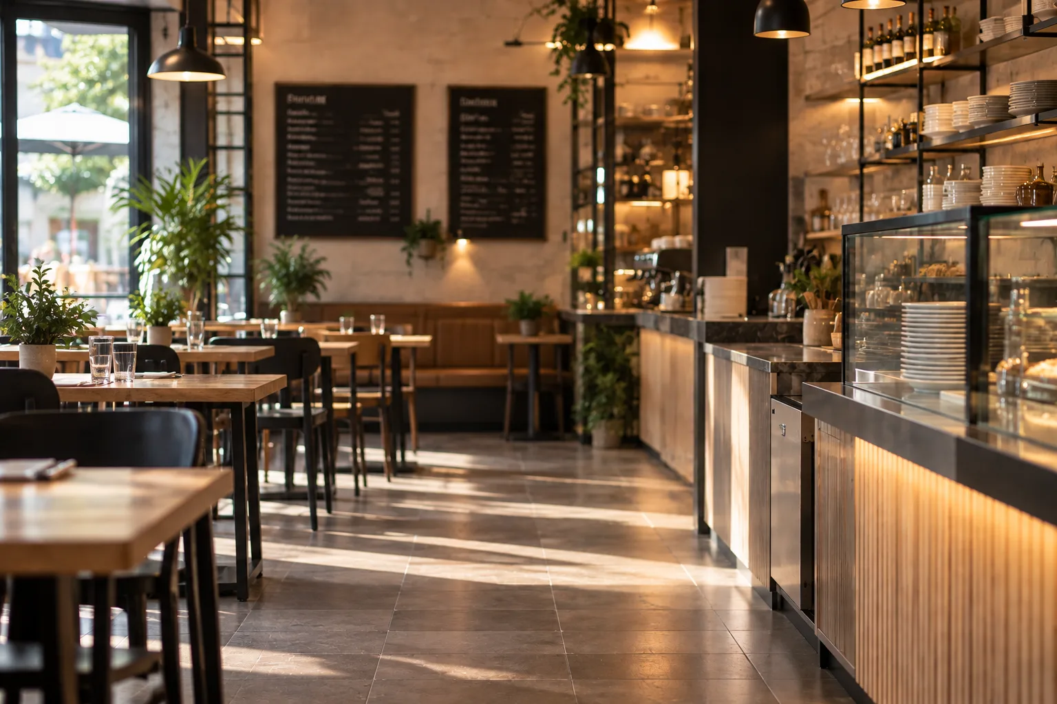 Comptoir et salle d'un café-restaurant