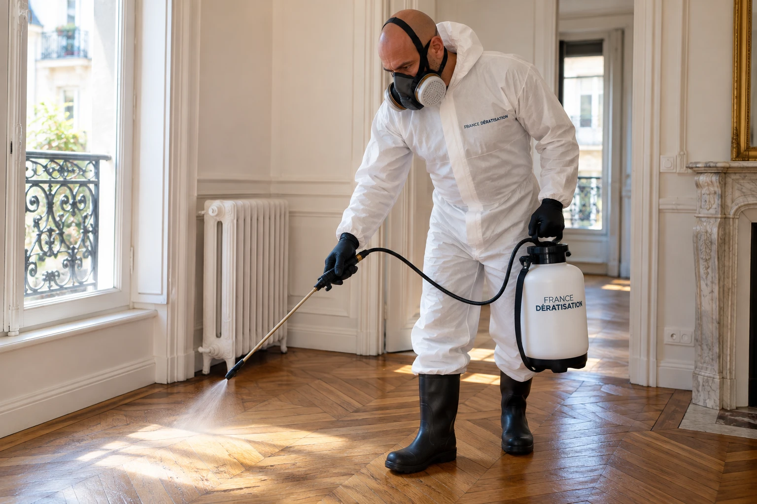 Technicien en combinaison traitant le parquet d'un appartement