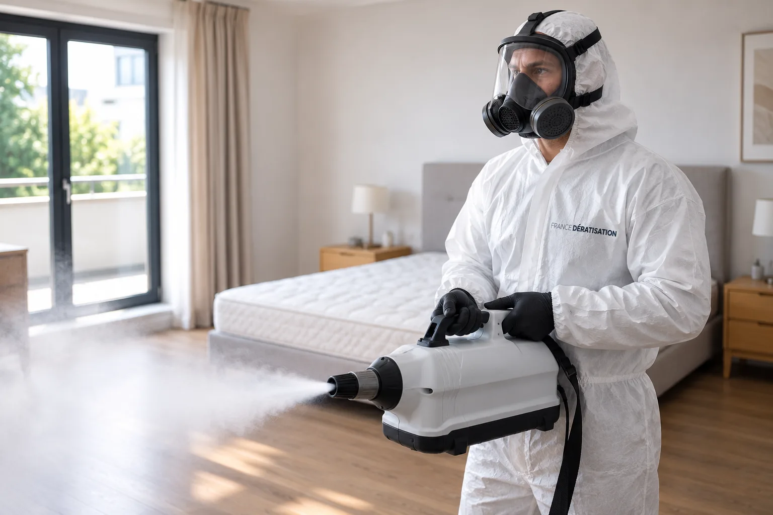 Technicien équipé traitant une chambre