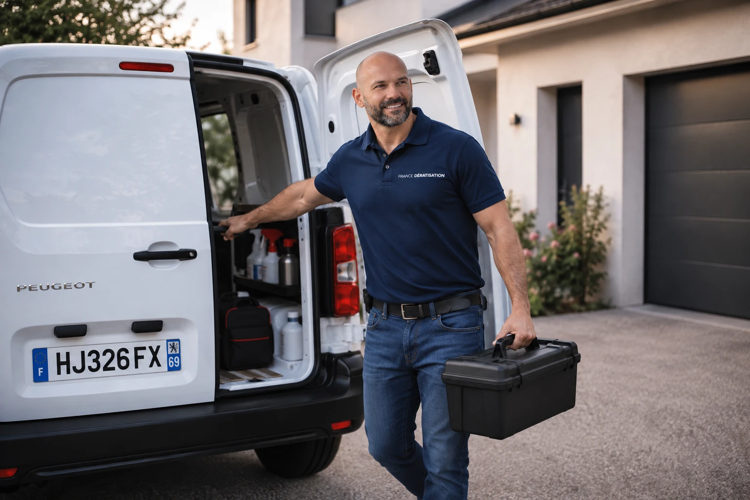 Technicien France Dératisation sortant sa mallette de l'utilitaire devant une maison