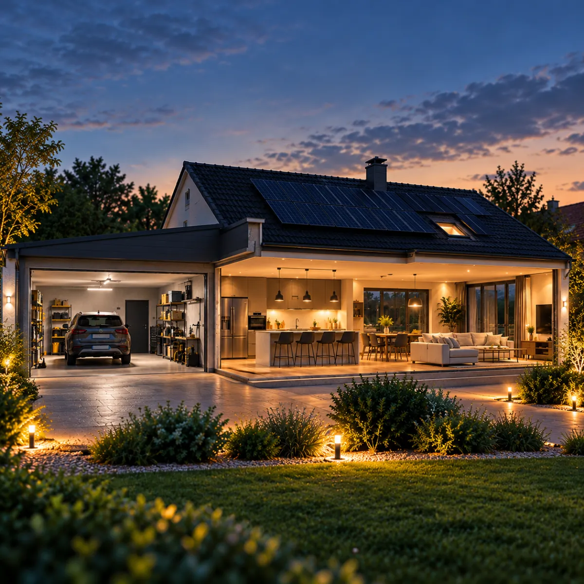Maison éclairée de nuit, avec le garage ouvert à gauche, la cuisine et le salon à droite