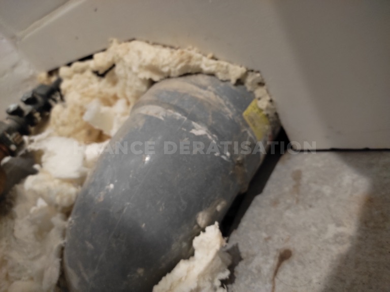 Tuyau gris traversant un isolant déchiré, fragments clairs autour du passage